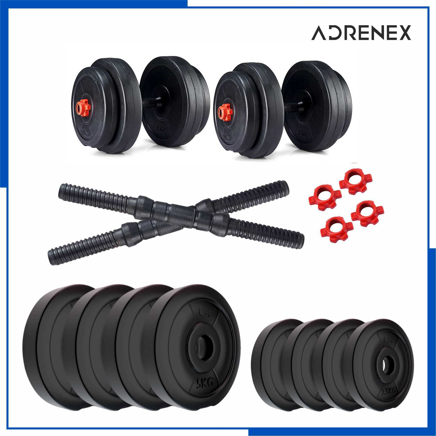 Image of Adrenex 30 Kg PVC Weight Plates with ONE Pair RODS Adjustable Dumbbell