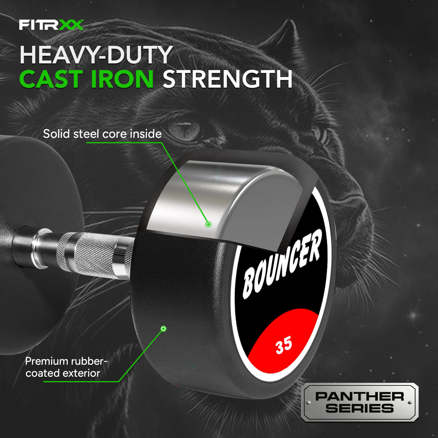 Image of FITRXX Panther Series (35*2)kg Rubber Coated Round Bouncer Dumbbells for Men & Women Fixed Weight Dumbbell