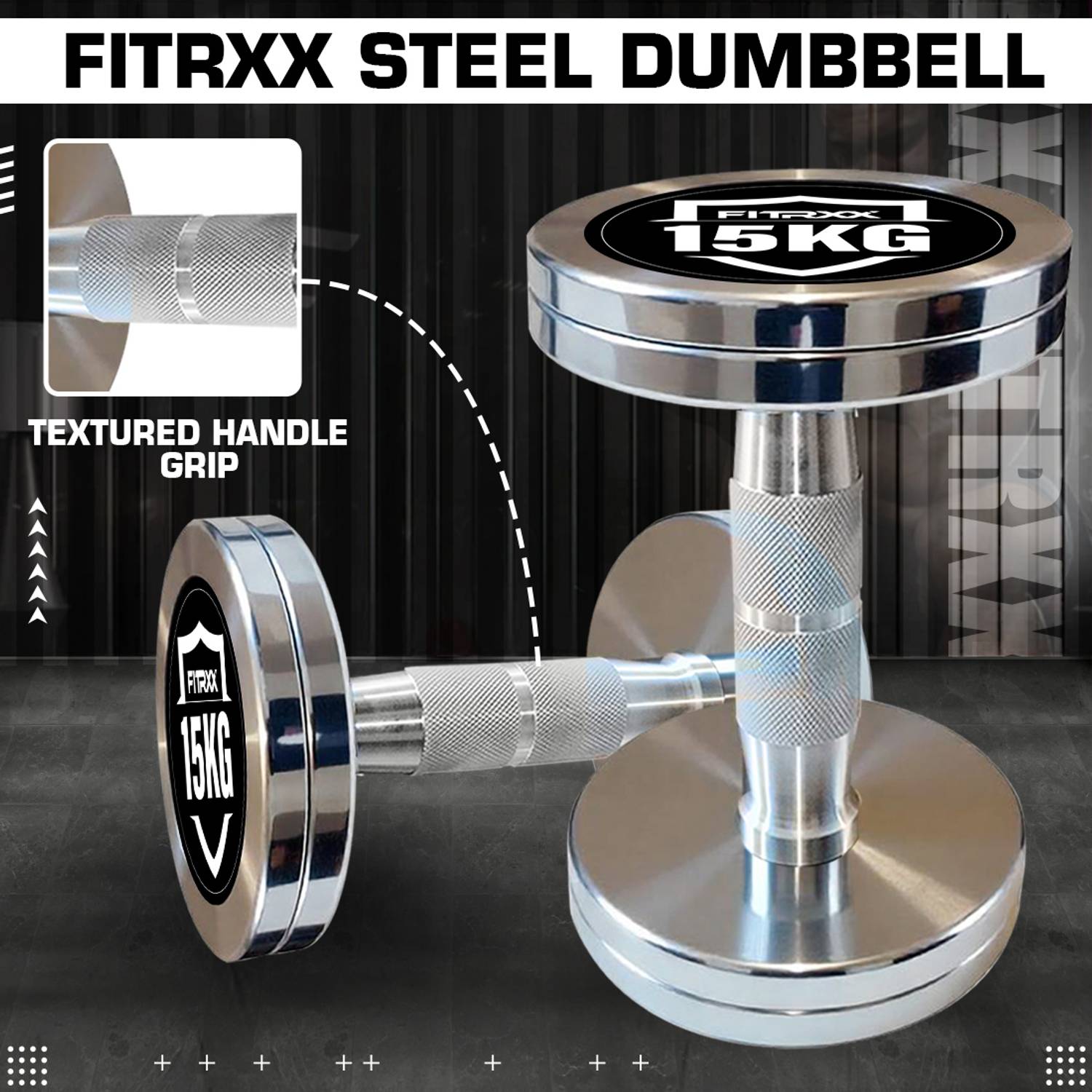 FITRXX 15 kg Steel Chrome Dumbbells Round Shape Fixed Weight - Image 3