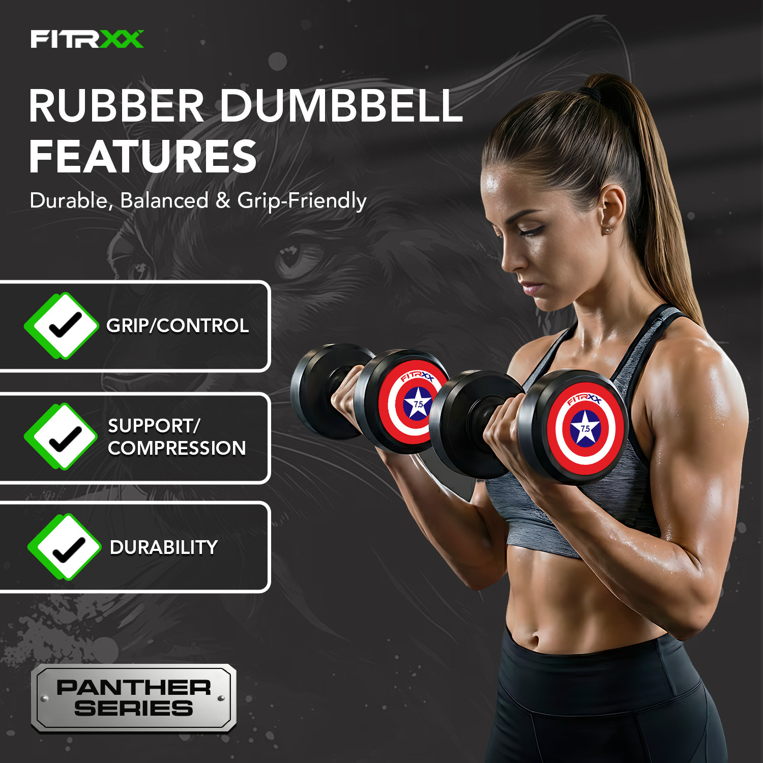 Image of FITRXX Captain America Style Black Rubber 7.5kgX2 Fixed Weight Dumbbell Fixed Weight Dumbbell
