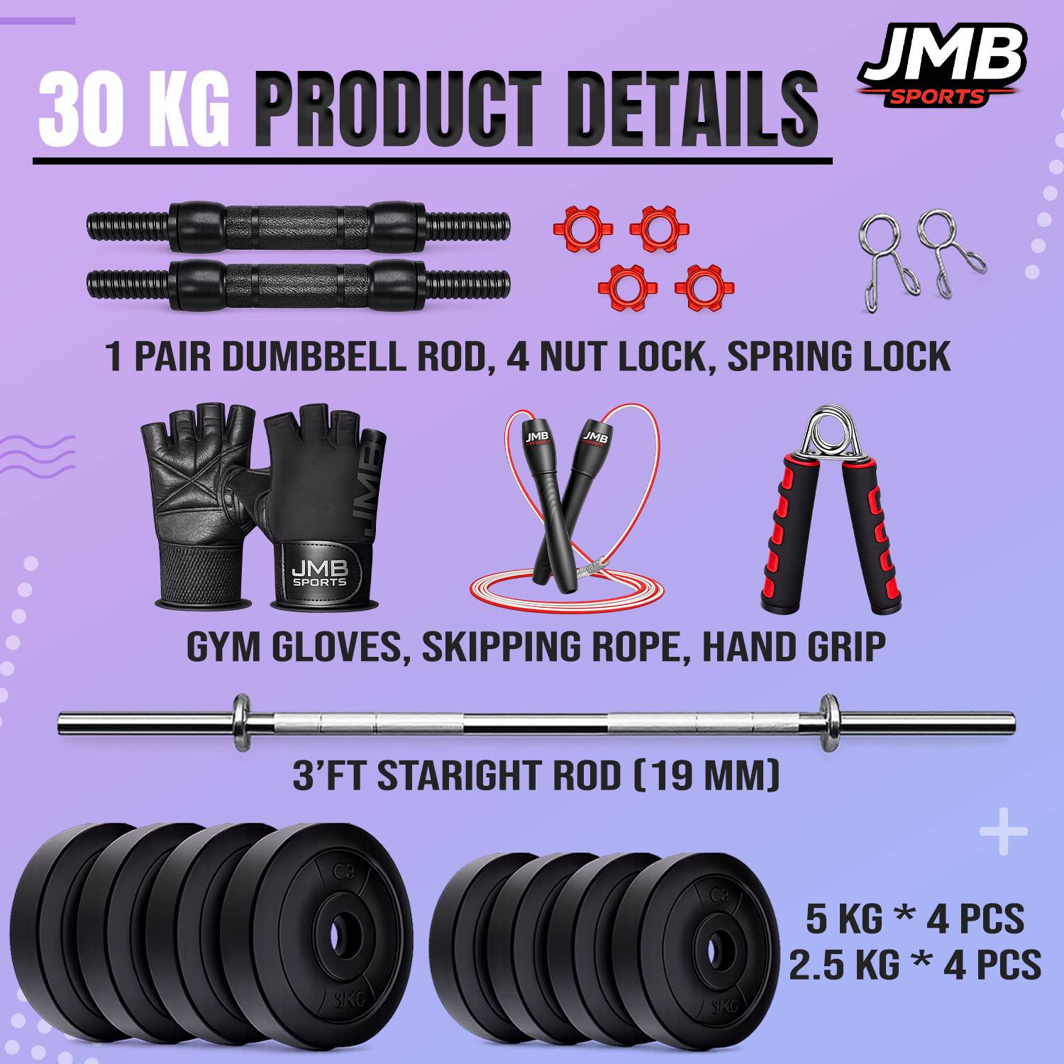 JMB 30kg Adjustable Dumbbell Set with PVC Plates - Image 2