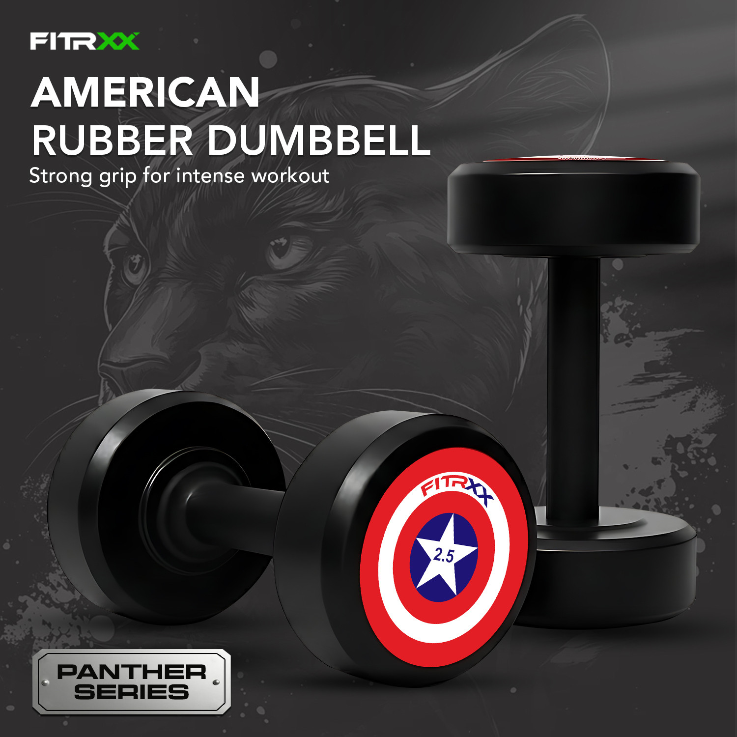 Image of FITRXX Captain America Style Black Rubber 2.5kgX2 Fixed Weight Dumbbell Fixed Weight Dumbbell