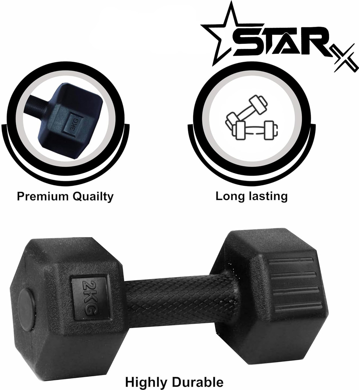 Image of STARX Hexa Dumbbells (2kg x 2) Black | Home Gym Fitness Weights Fixed Weight Dumbbell
