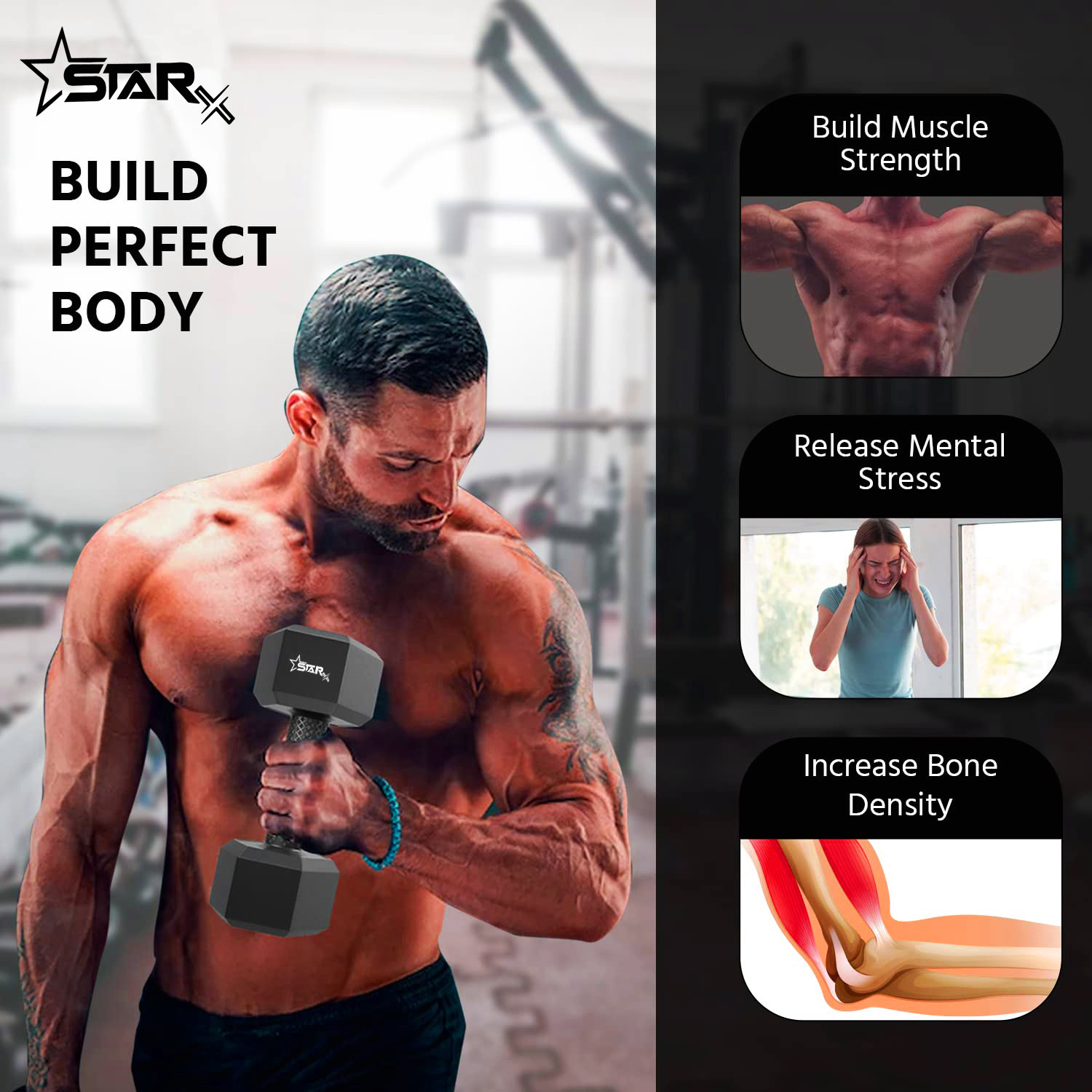 Image of STARX Hexa Dumbbells (5kg x 2) Black | Home Gym Fitness Weights Fixed Weight Dumbbell