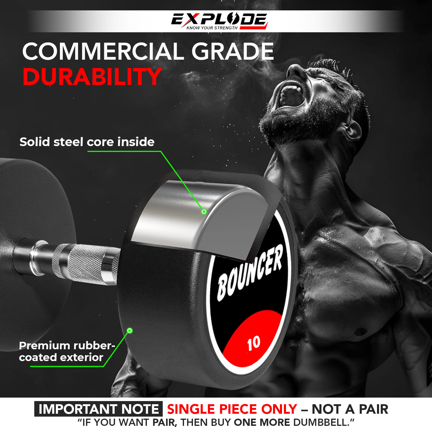Image of Explode Bouncer Dumbbell 10Kg Single Piece / Single Dumbell Premium Rubber Coating Fixed Weight Dumbbell
