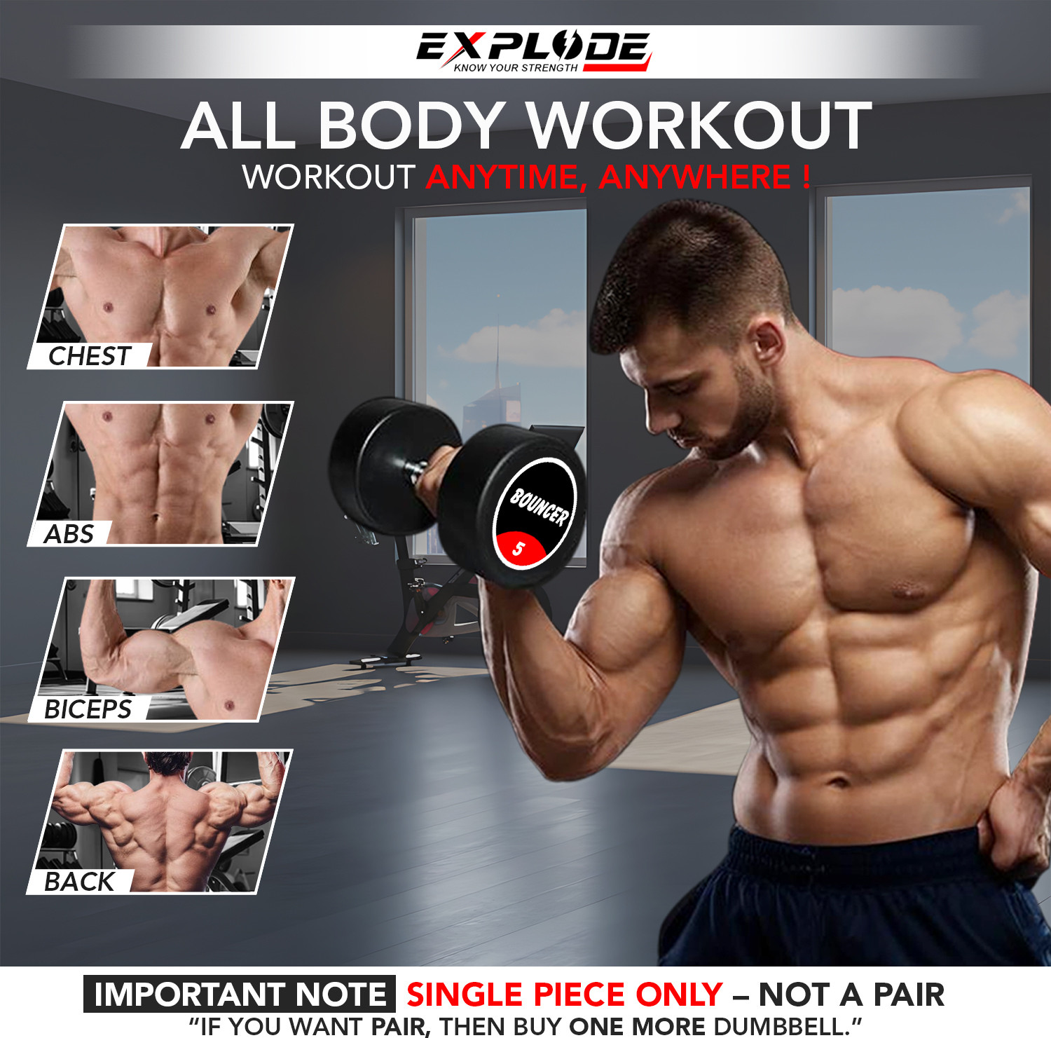 Image of Explode Bouncer Dumbbell 5Kg Single Piece / Single Dumbell Premium Rubber Coating Fixed Weight Dumbbell