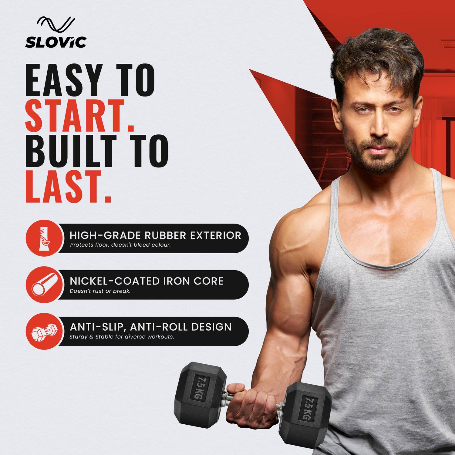 SLOVIC Dumbbells Set 7.5 kg x 2 for Home Gym Pack of 2 - Image 2