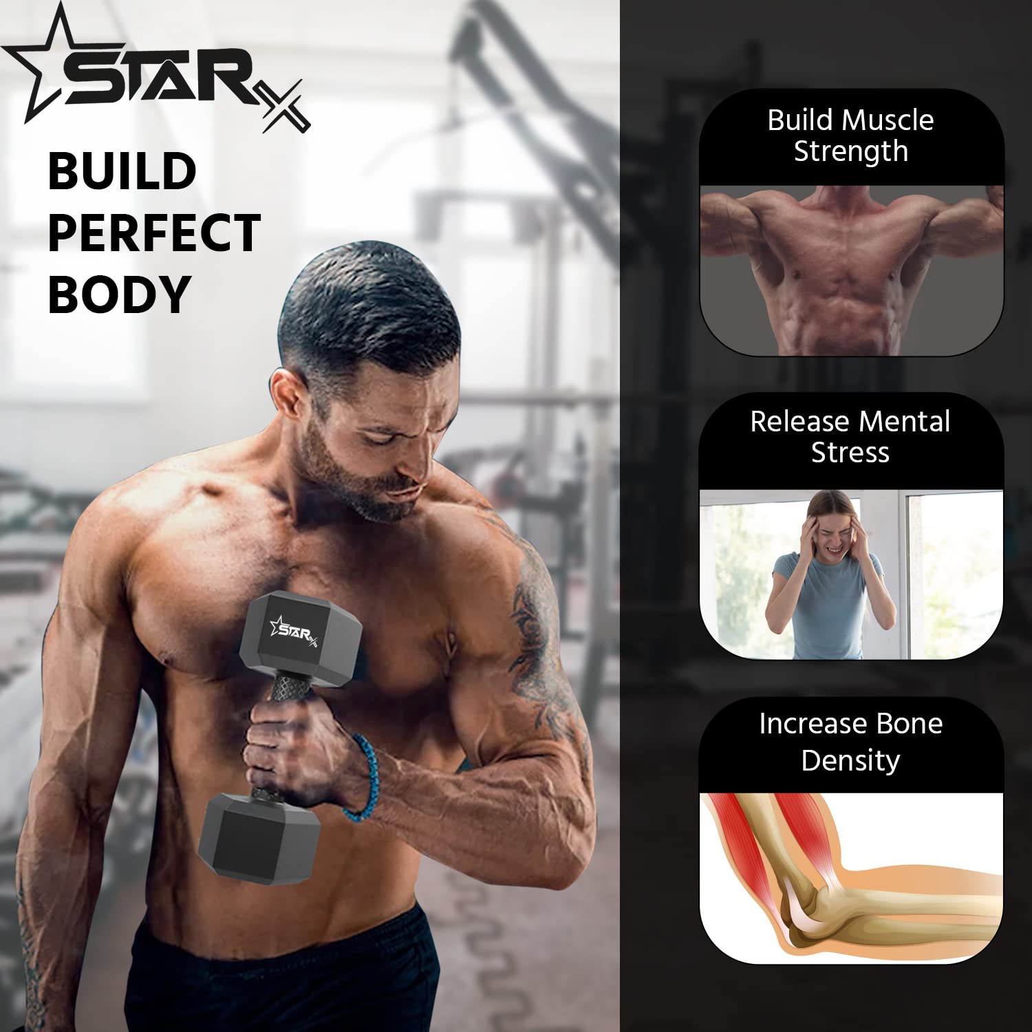 Image of STARX Hexa Dumbbells (4kg x 2) Black | Home Gym Fitness Weights Fixed Weight Dumbbell