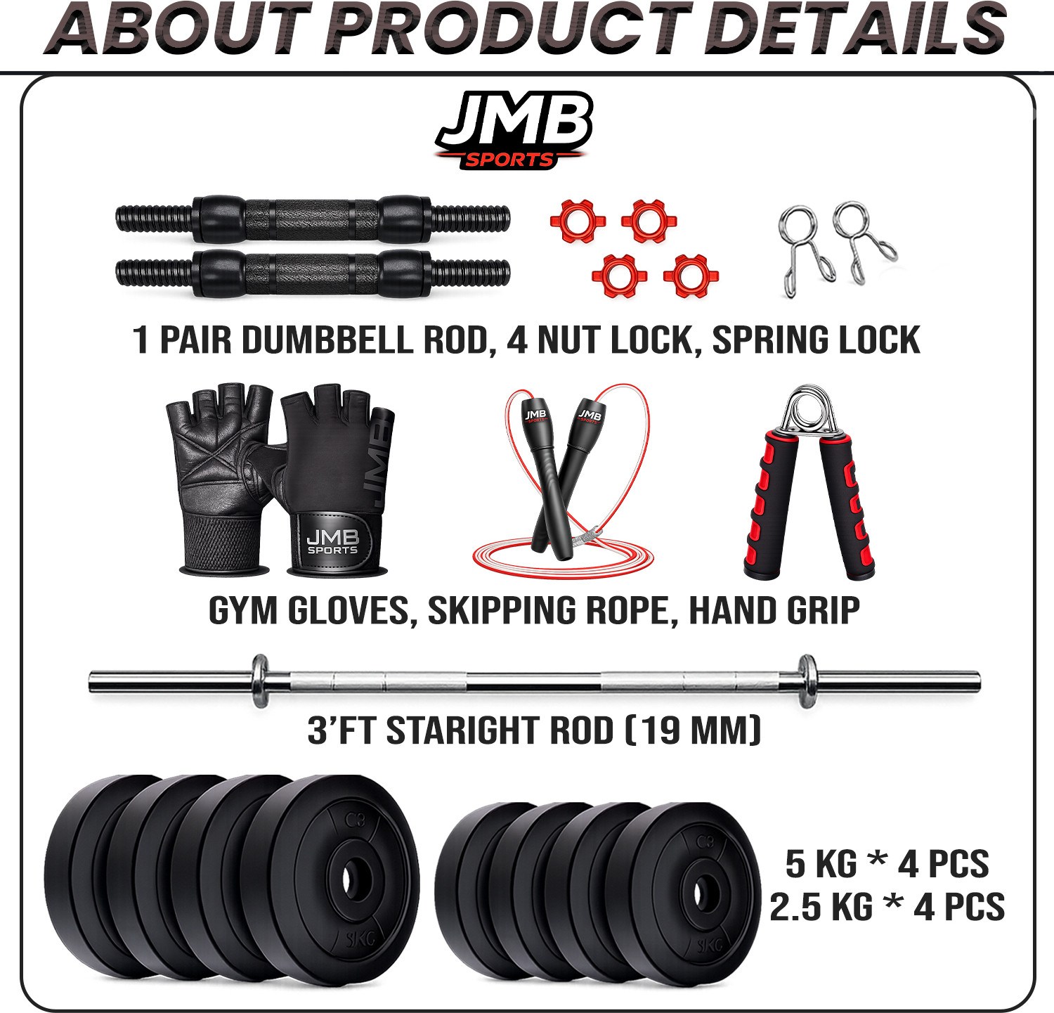 Image of JMB 30KG-5kgx4 /2.5kg*4 plates, 3ft straight rod, dumbbell rod & Accessories Home Gym Combo