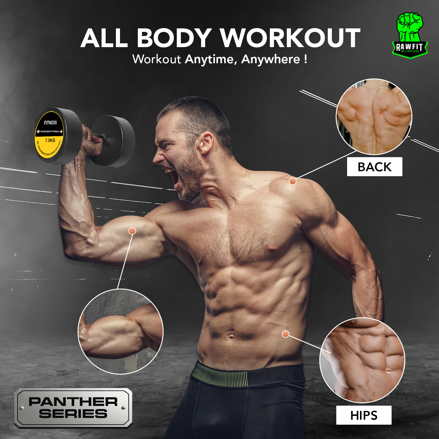Image of RAWFIT Captain America Style Black Rubber 7.5kgX2 Fixed Weight Dumbbell
