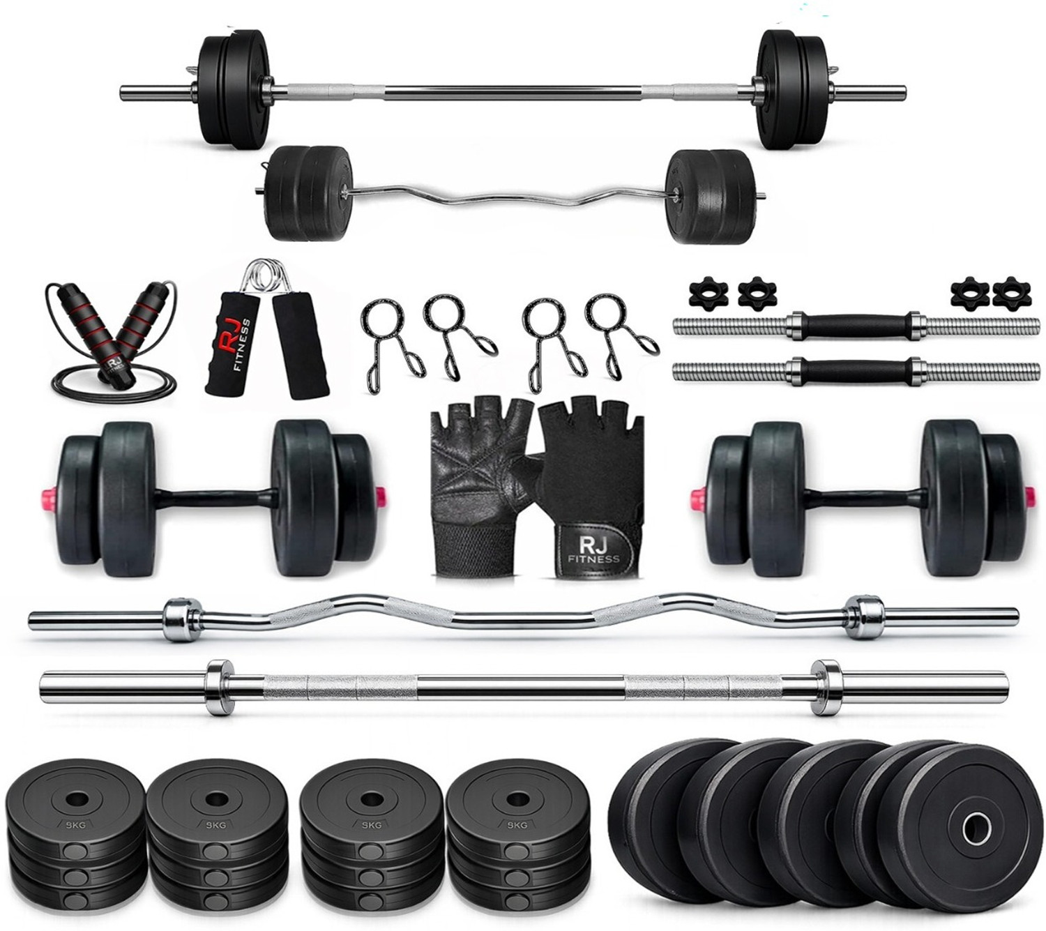 Image of rj fitness 0.65 kg 50kg Combo(5kg*8,2.5kg*4 Plates 3ft Straight+Curl Rod & Dumbbell Rod With Acc Home Gym Combo