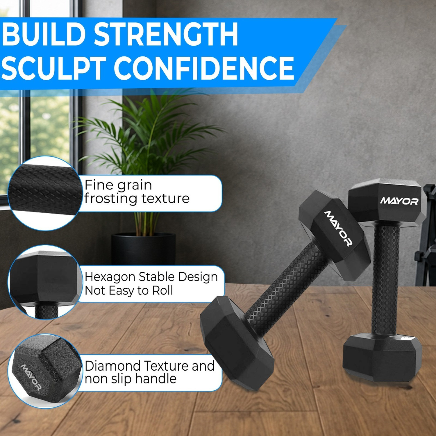 Image of MAYOR Premium PVC 2KG Dumbbells Set for Home Gym, 1 Pair Hex Dumbbells, 2KG X 2 PCS Fixed Weight Dumbbell