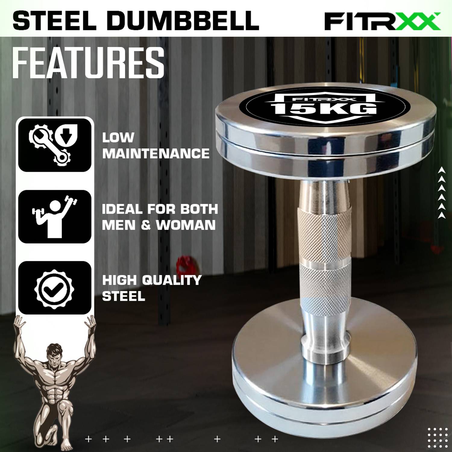 FITRXX 15 kg Steel Chrome Dumbbells Round Shape Fixed Weight - Image 4