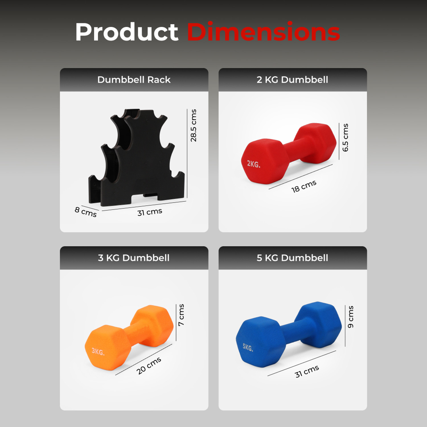 Image of Cult Neoprene Dumbbell Combo for Home Gym 2kg, 3kg, 5kg Pair(20kg) Dumbbell with Rack Fixed Weight Dumbbell