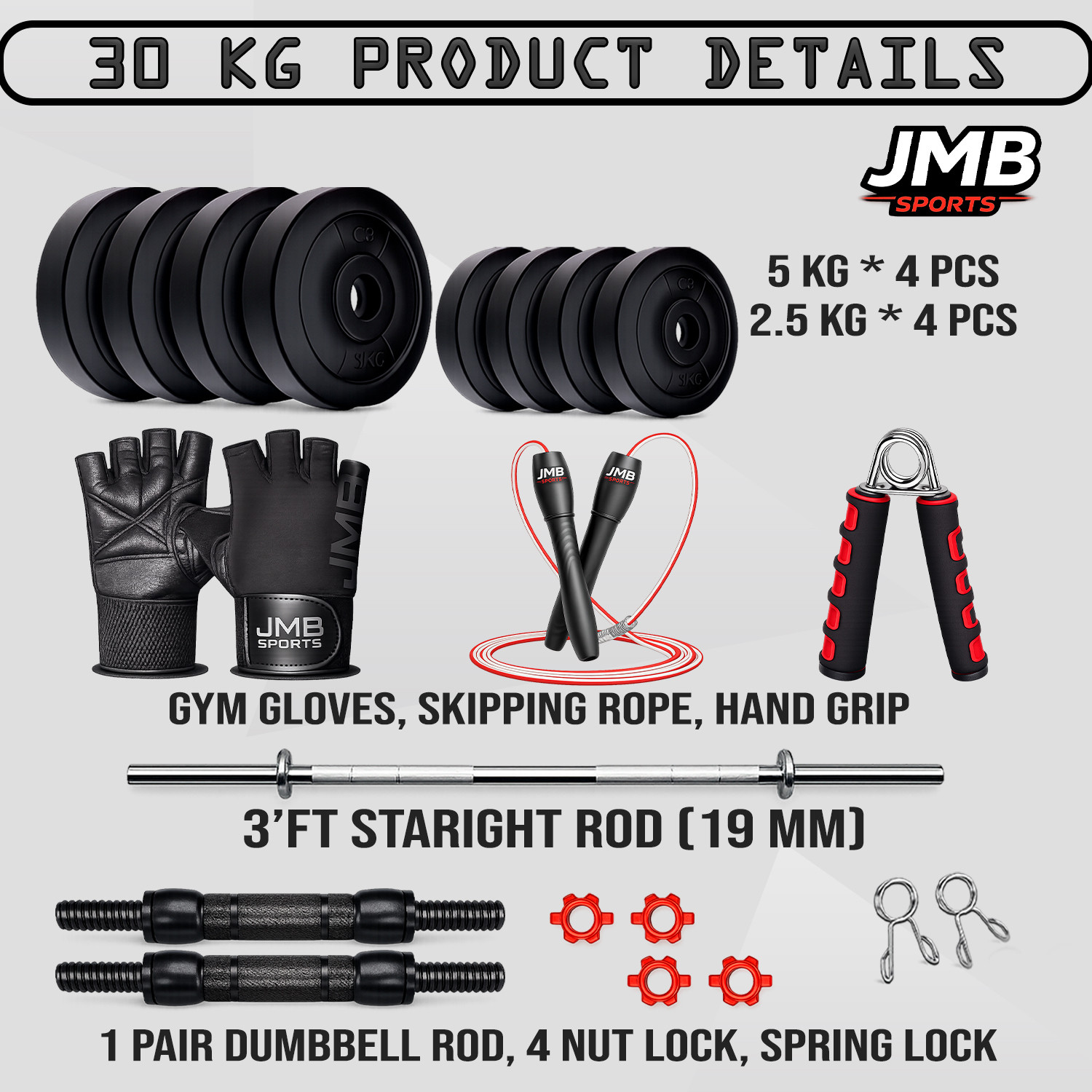 Image of JMB 30KG-3ft straight rod,Dumbbell rods, pvc plates(5kgx4 /2.5kgx4) & Accessories Adjustable Dumbbell