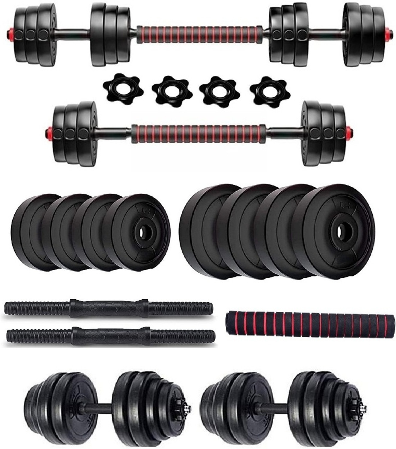 Image of BodyFit Gym Weight Plates+3in1 Extension-Convertor Rod,Dumbbell Rods Pair, Exercise Set Adjustable Dumbbell