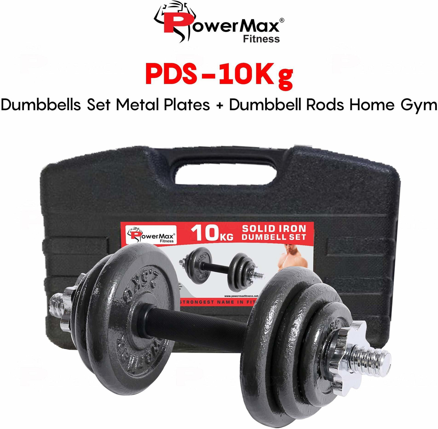 Image of Powermax Fitness PDS-10KG Solid Iron Dumbbell Set with Non-Slip Grip Handle for Home Use Adjustable Dumbbell