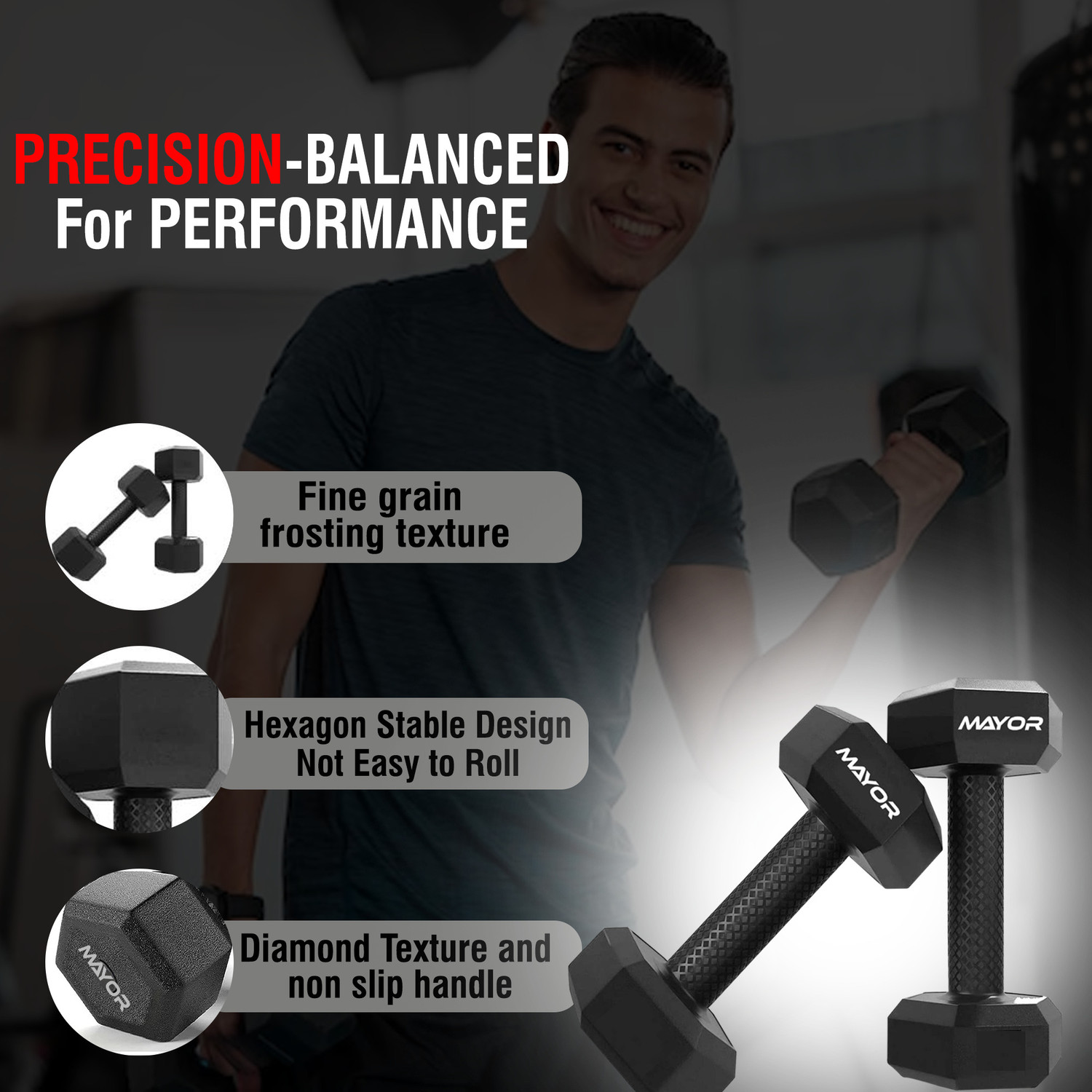 Image of MAYOR Premium PVC 1KG Dumbbells Set for Home Gym, 1 Pair Hex Dumbbells, 1KG X 2 PCS Fixed Weight Dumbbell