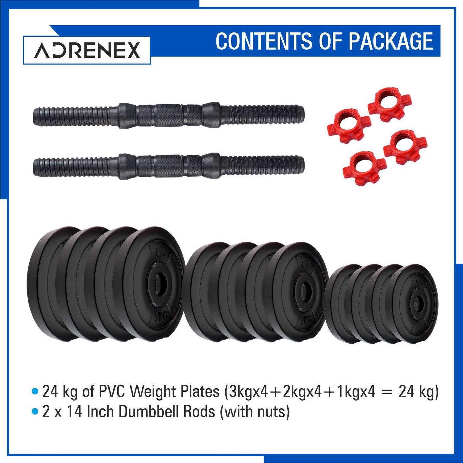 Image of Adrenex 24 Kg PVC Weight Plates with ONE Pair RODS Adjustable Dumbbell