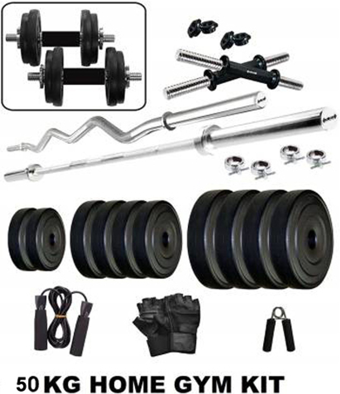 Image of L'AVENIR 50 kg SPORTS & FITNESS 50kg PVC Dumbbell Set + 3ft(STRAIGHT + CURL)RODS + ACCESSORIES Home Gym Combo