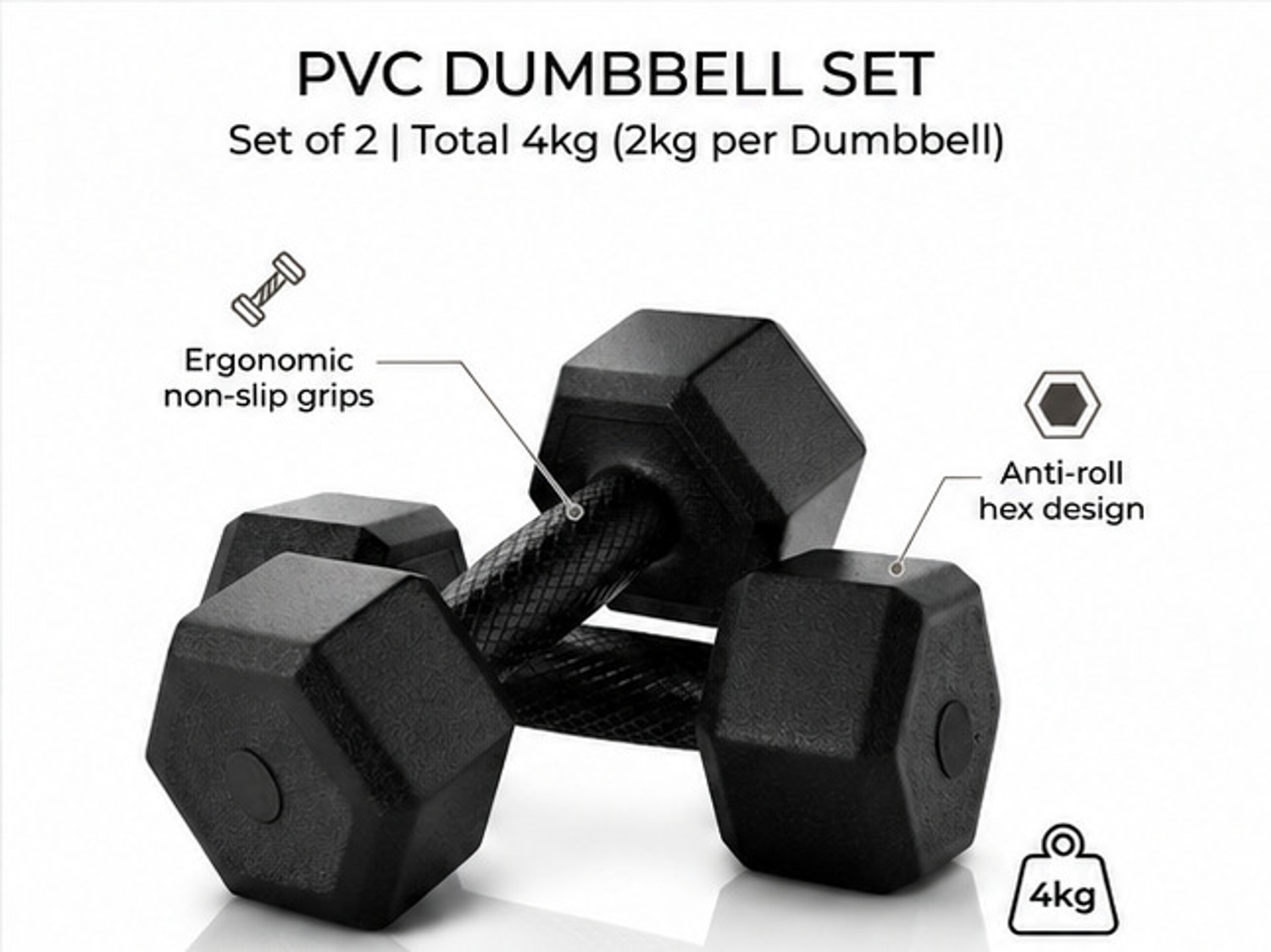 Image of Valtor Sports Hex Elite PVC Dumbbells Pair 2KG Each Fixed Weight Dumbbell