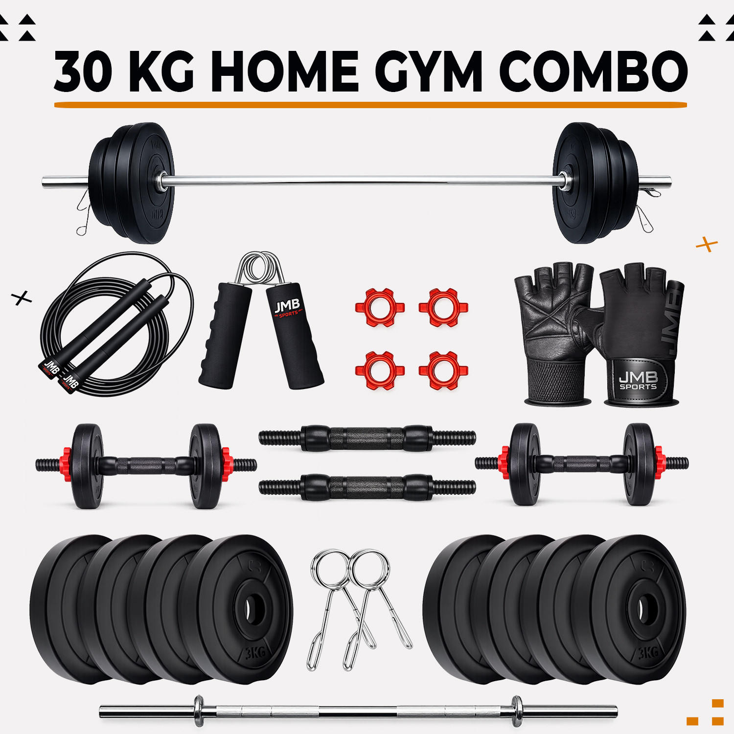 Image of JMB 30kg Dumbbell Set with 3ft straight rod, dumbbell rods, pvc plates & accessories Adjustable Dumbbell