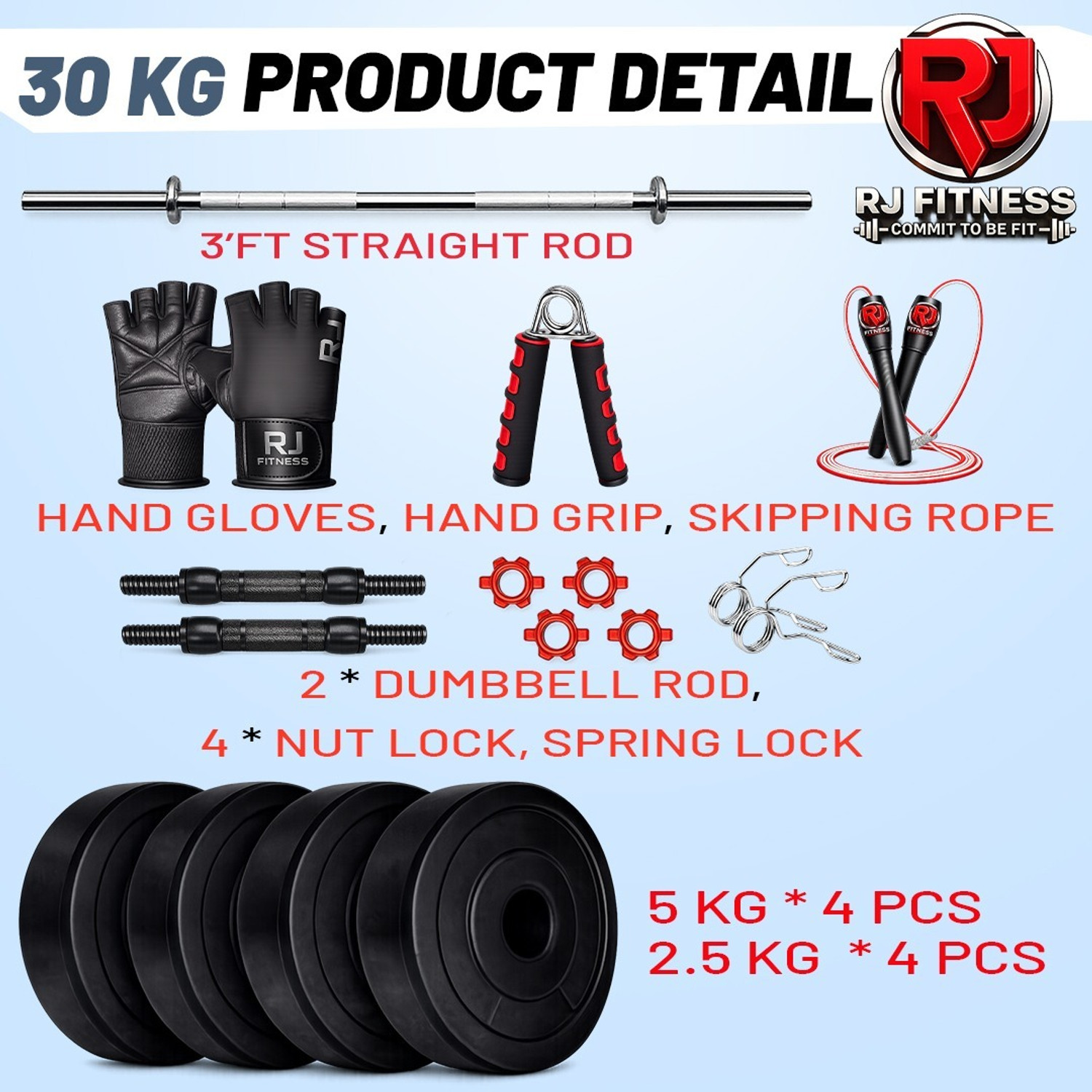 Image of rj fitness 2.275 kg 30kg weight-3ft straight rod, Dumbbell Rods,5kgx4 /2.5kgx4 plates & accessories Home Gym Combo