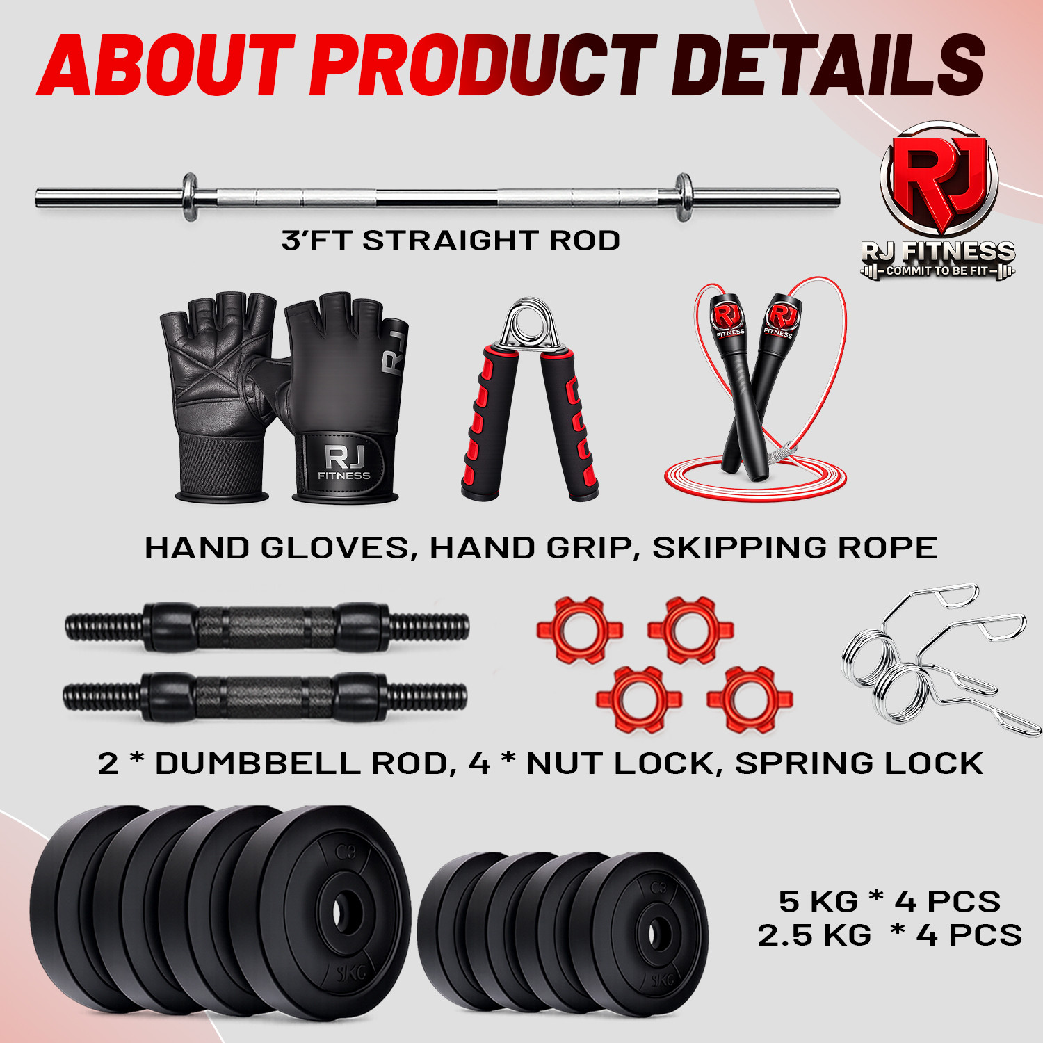 Image of rj fitness 32 kg 30kg-5kg*4 /2.5kg*4 pvc plates, 3ft straight rod, dumbbell rods & Accessories Home Gym Combo