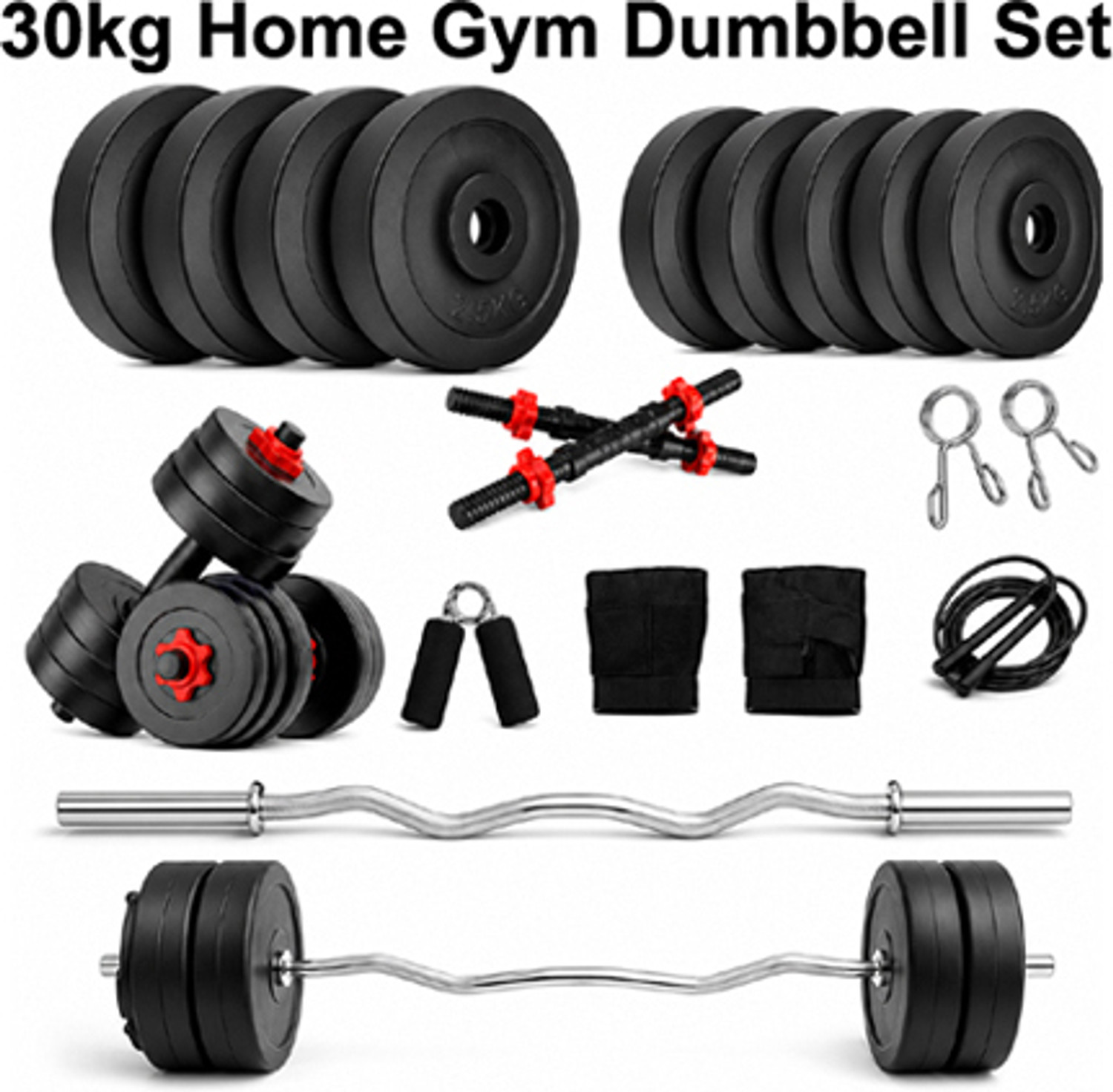 Image of DCS Pro FITNESS 30kg Dumbbell Set + Fitness Accessories & 3ft BARBELL Adjustable Dumbbell