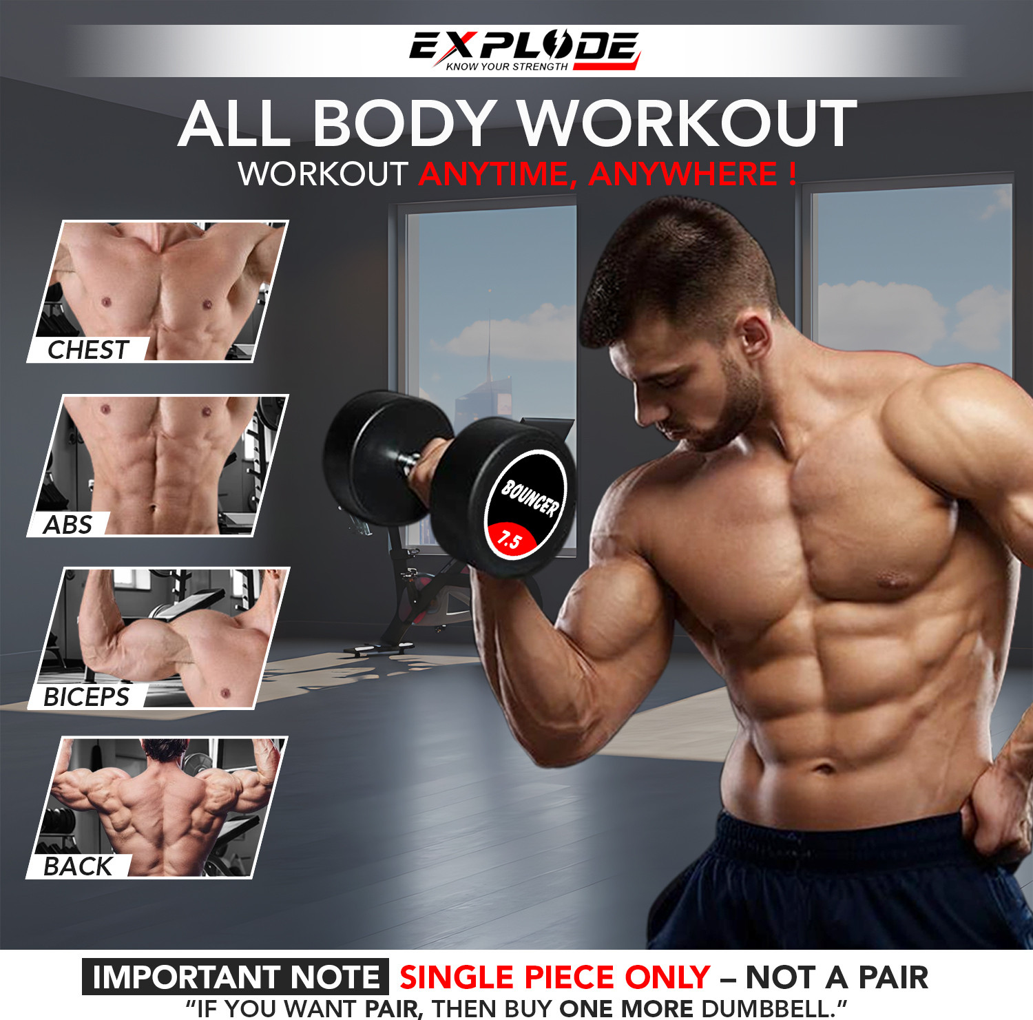 Image of Explode Bouncer Dumbbell 7.5Kg Single Piece / Single Dumbell Premium Rubber Coating Fixed Weight Dumbbell