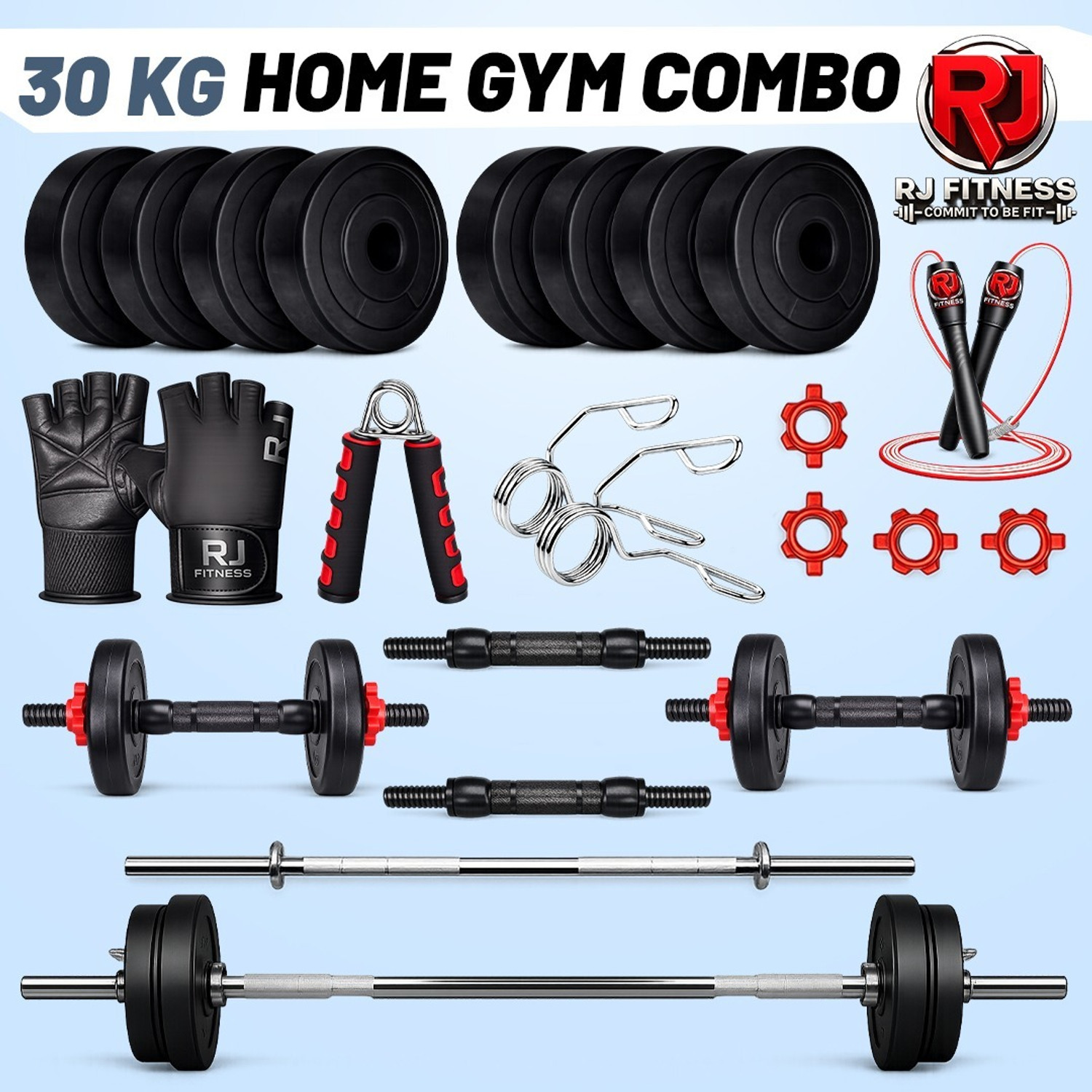 Image of rj fitness 2.275 kg 30kg weight-3ft straight rod, Dumbbell Rods,5kgx4 /2.5kgx4 plates & accessories Home Gym Combo