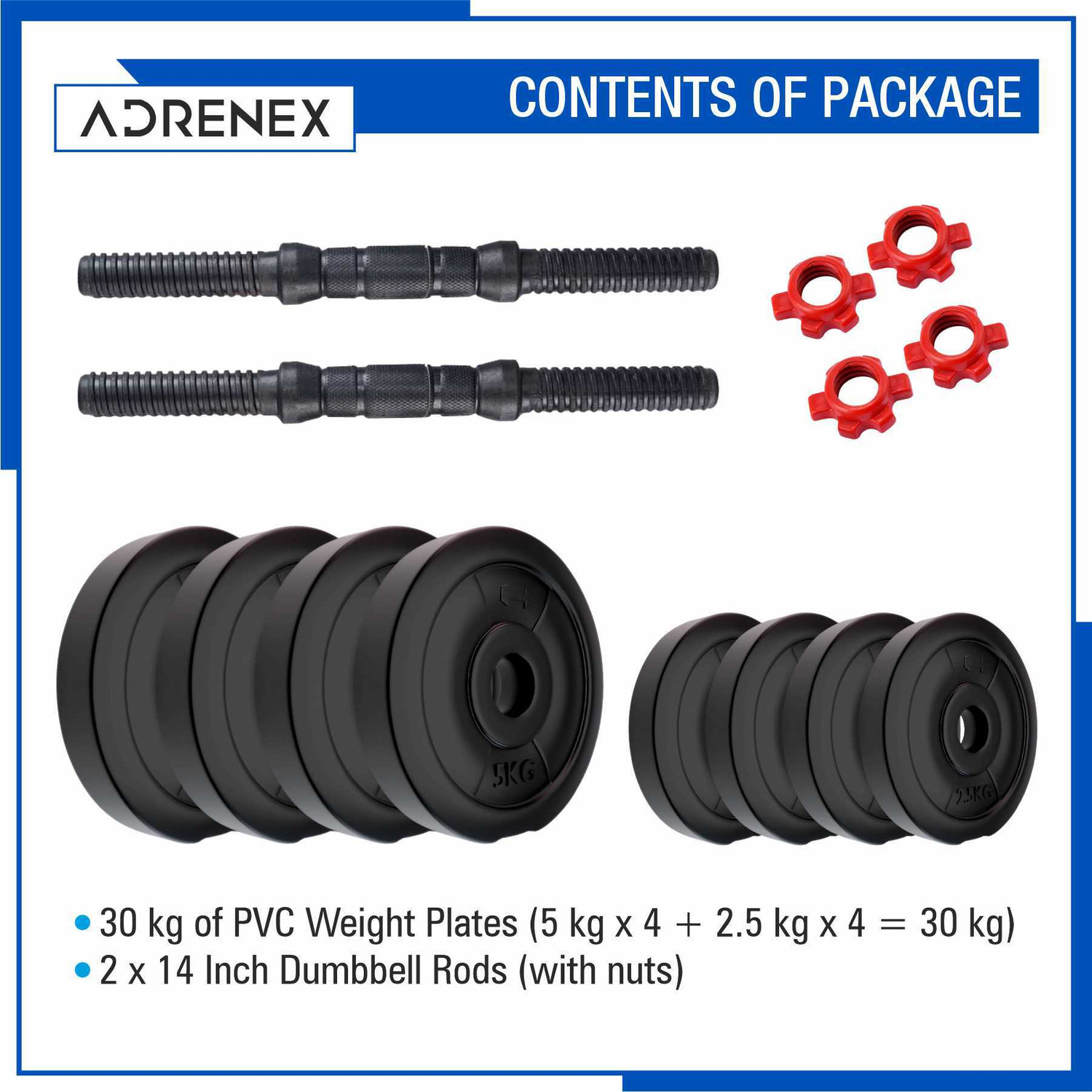 Image of Adrenex 30 Kg PVC Weight Plates with ONE Pair RODS Adjustable Dumbbell