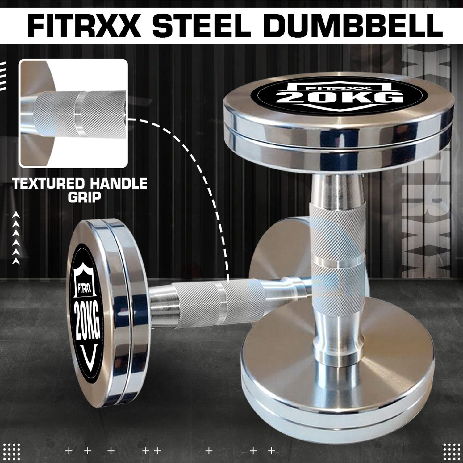 Image of FITRXX 20 kg Steel Chrome Dumbbells Round Shape Iron Dumbbell Set Fixed Weight Dumbbell