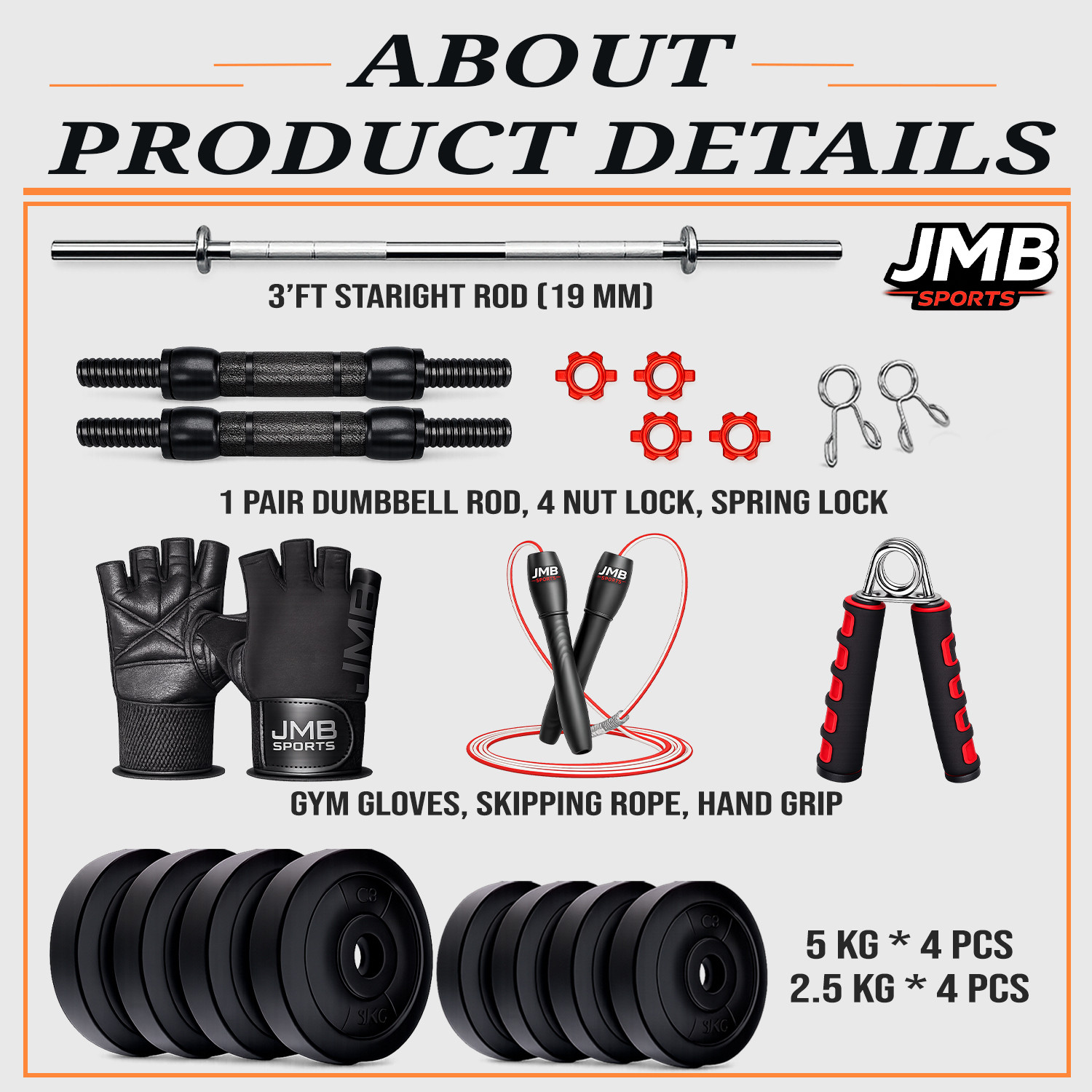Image of JMB 30 kg FITNESS GYM KIT + 3Ft Straight ROD & FITNESS ACCESSORIES Fitness Accessory Kit Home Gym Combo