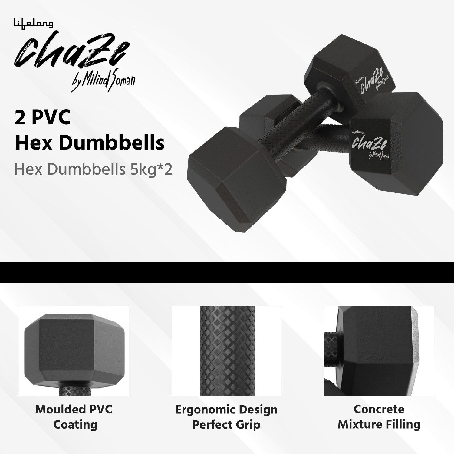 Image of Lifelong Chaze by Milind Soman CZPVCHD04 PVC Hex Dumbbells Pack of 2 (5kg*2) Fixed Weight Dumbbell