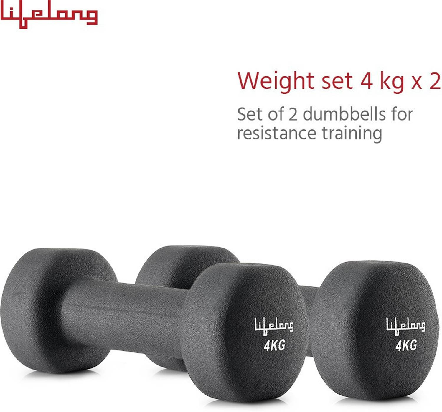 Lifelong set of 2 Neoprene Cast Iron Dumbbells Weights Fitness Home Gym Exercise Barbell (4kg x 2) Light Heavy for Women &amp; Men’s Dumbbell