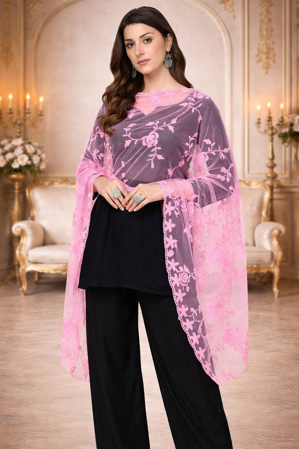 klal and sons Net Embroidered Pink Women Dupatta