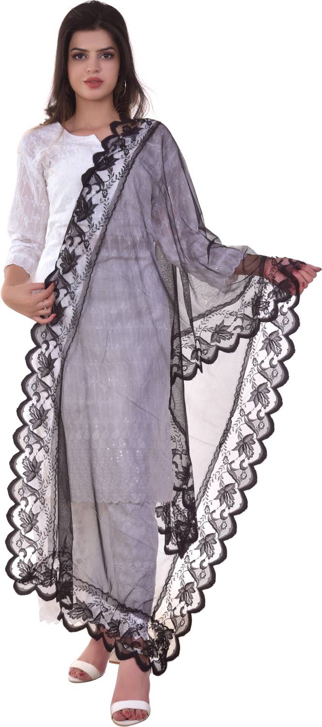 ufashion Net Self Design Black Women Dupatta