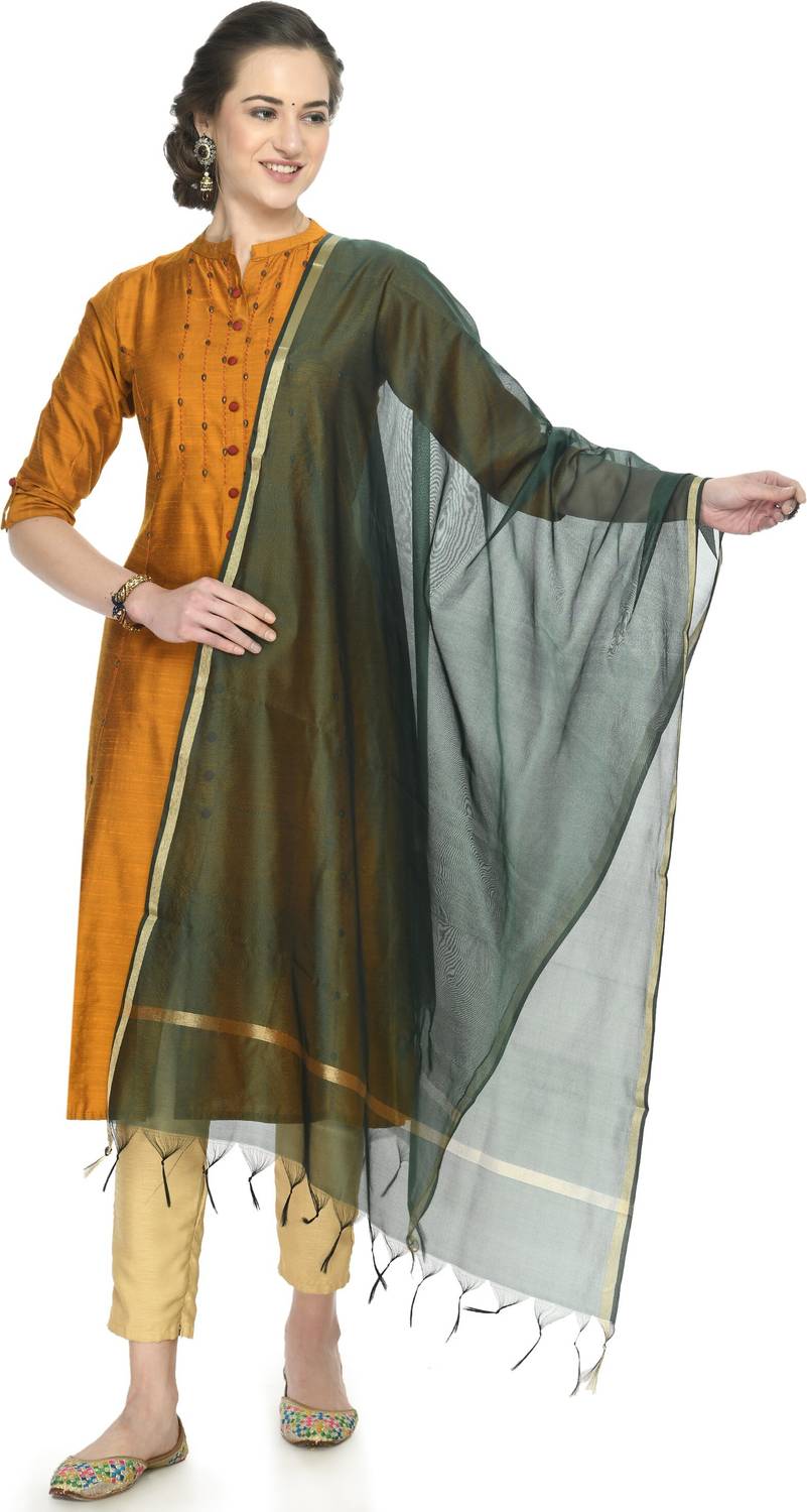 A R SILK HANDLOOM Poly Chanderi Self Design Green Women Dupatta