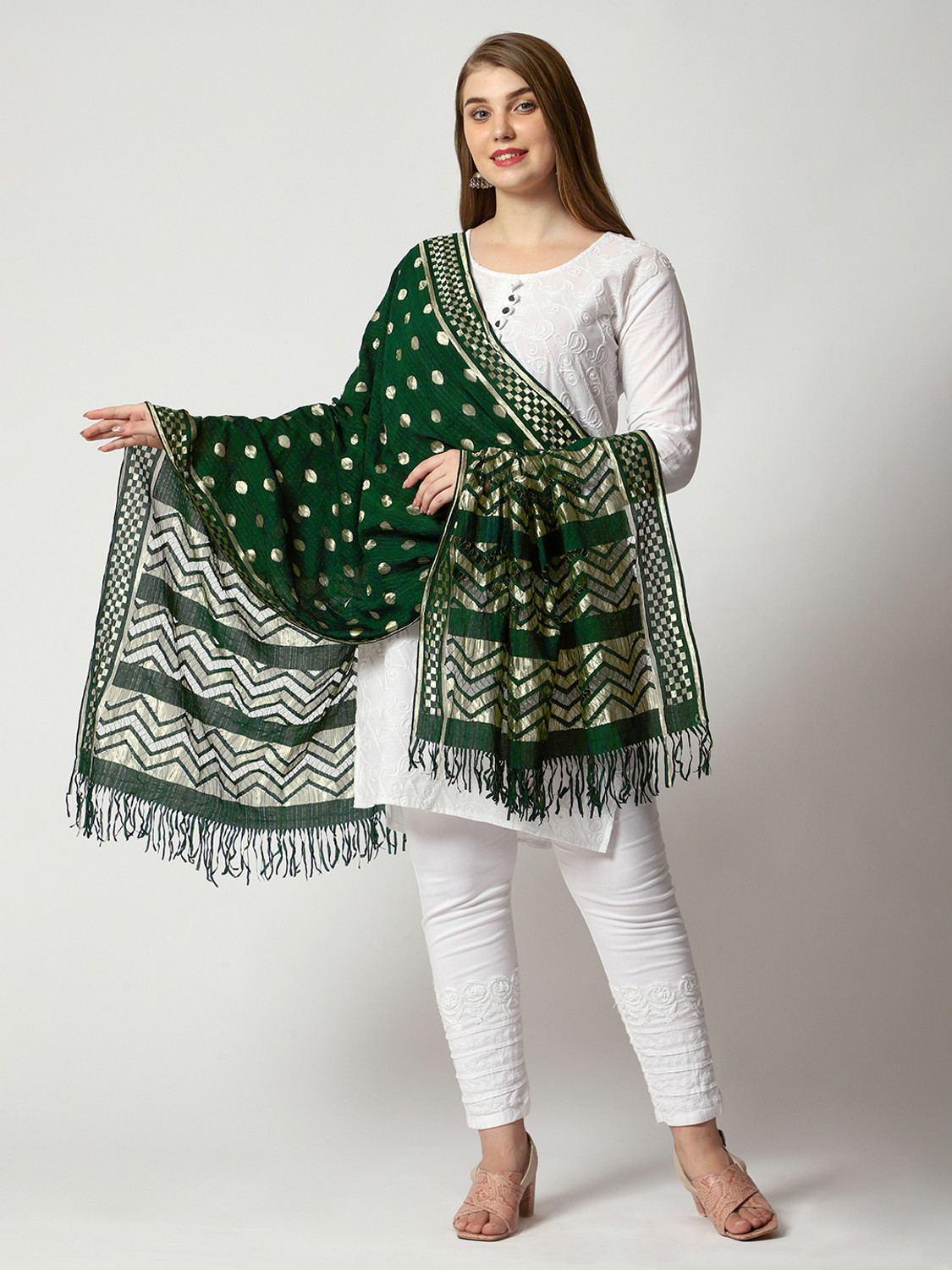 Image of Maya Son Art Silk Checkered Dark Green Women Dupatta