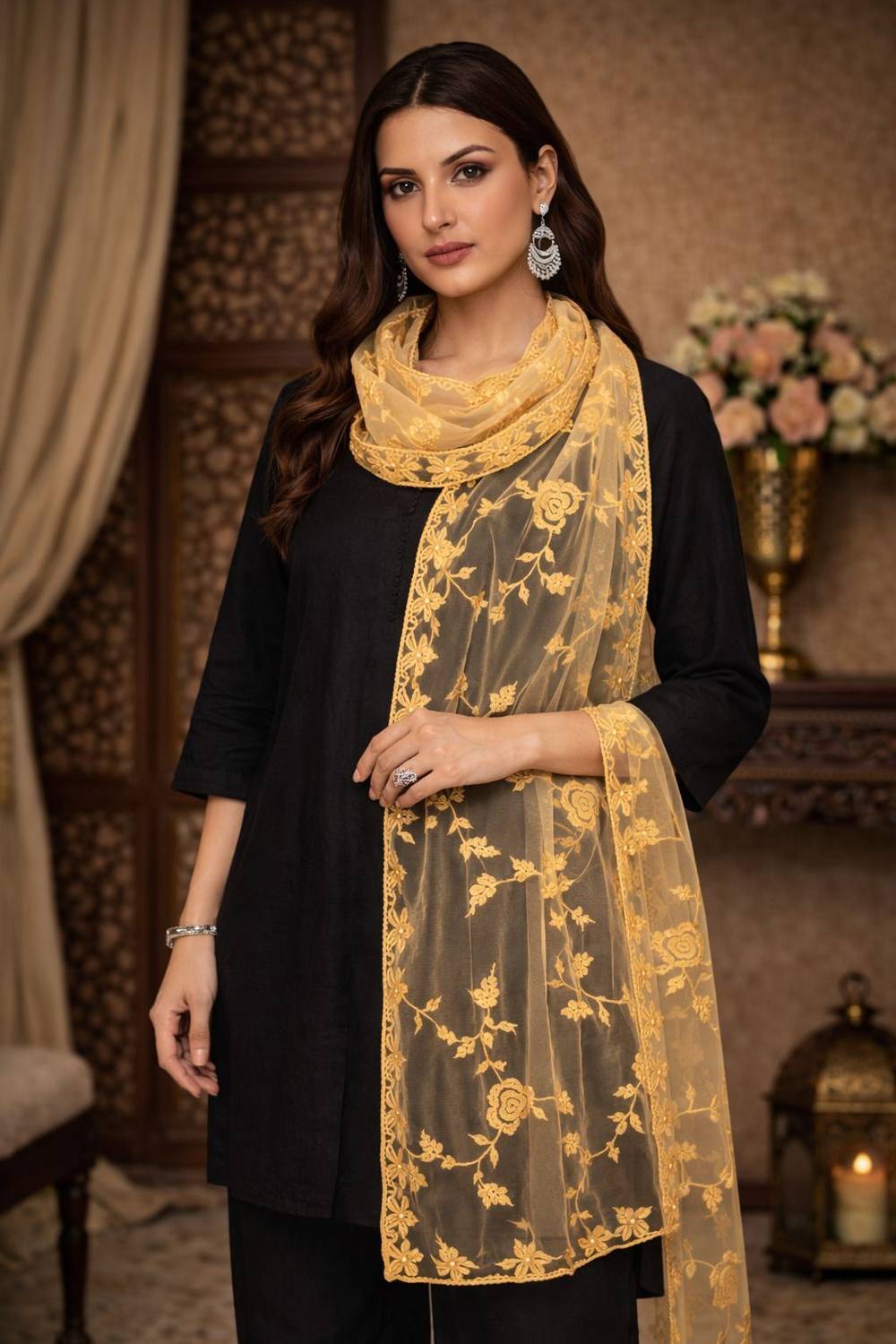klal and sons Net Embroidered Beige Women Dupatta