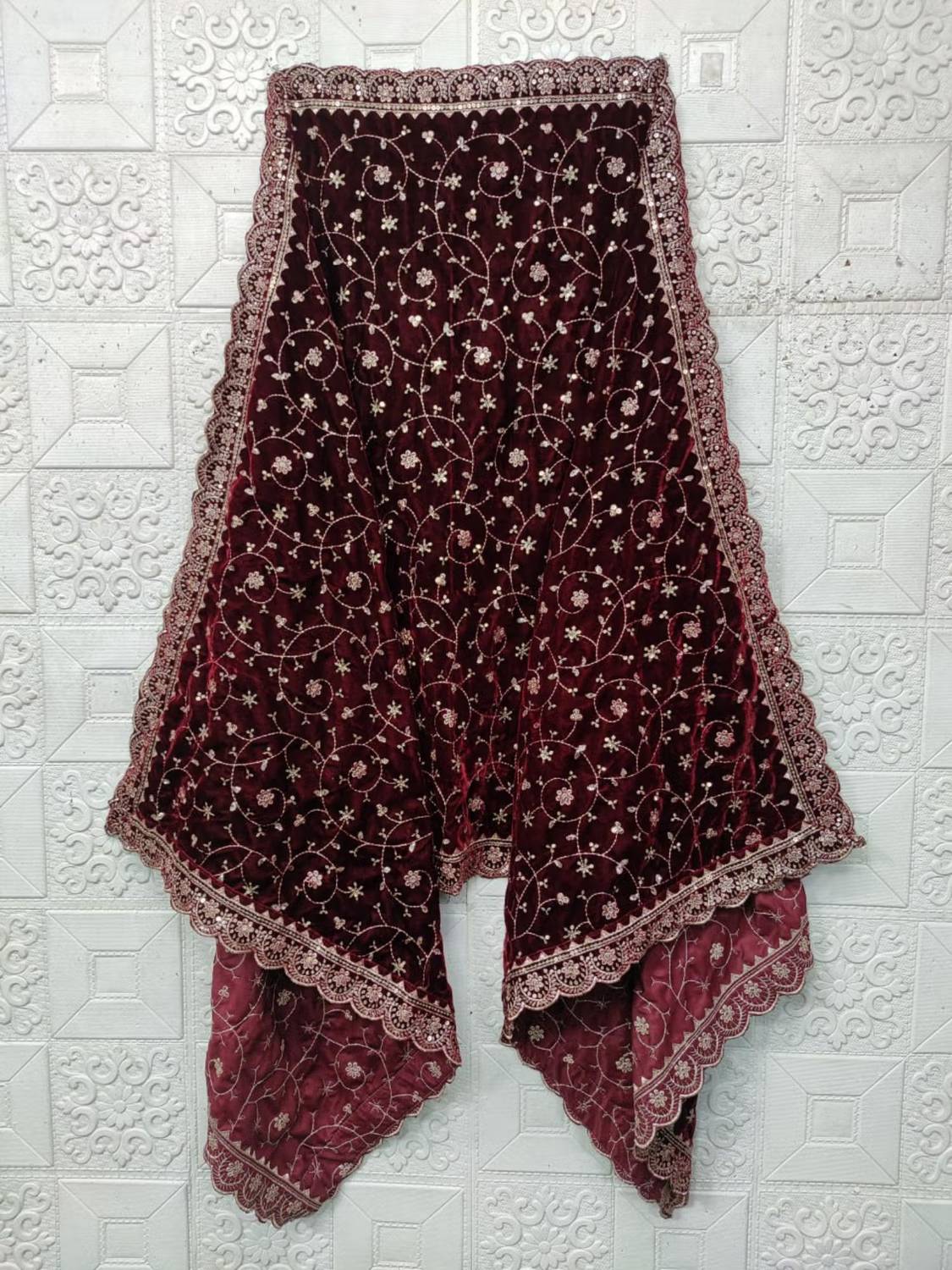RamKrupa Creation Velvet Embroidered Maroon Women Dupatta