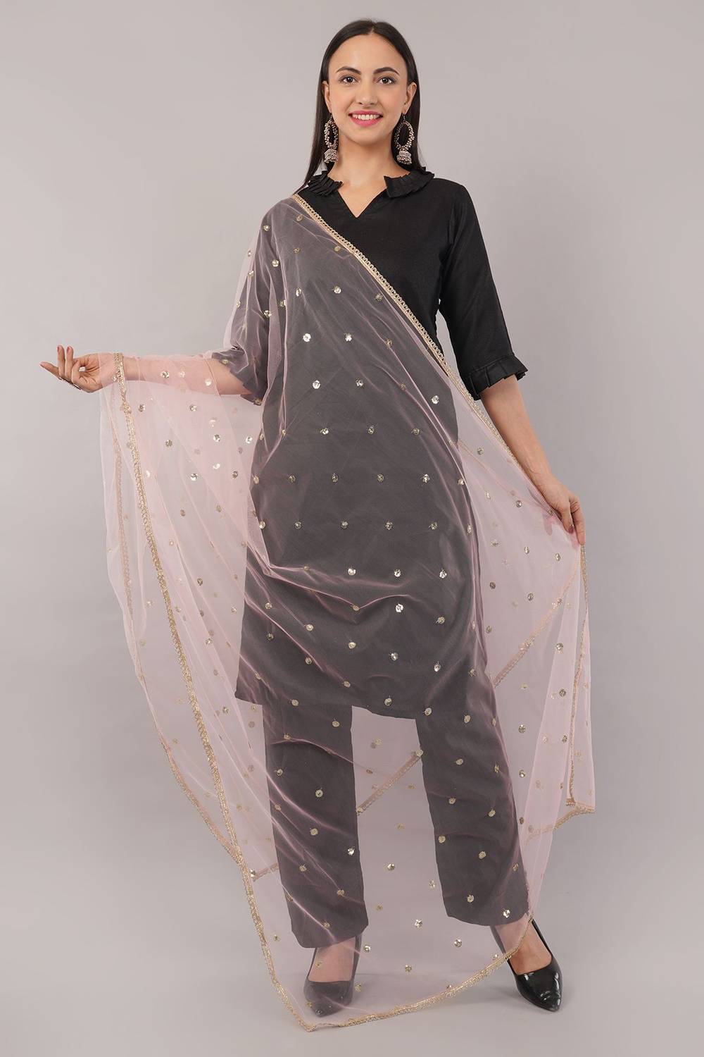 Negchaar Net Embroidered Peach Women Dupatta