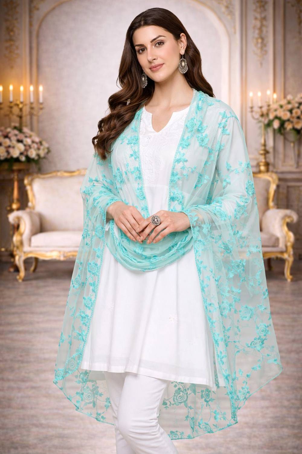klal and sons Net Embroidered Green Women Dupatta