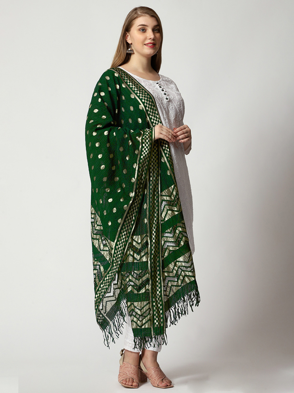 Image of Maya Son Art Silk Checkered Dark Green Women Dupatta