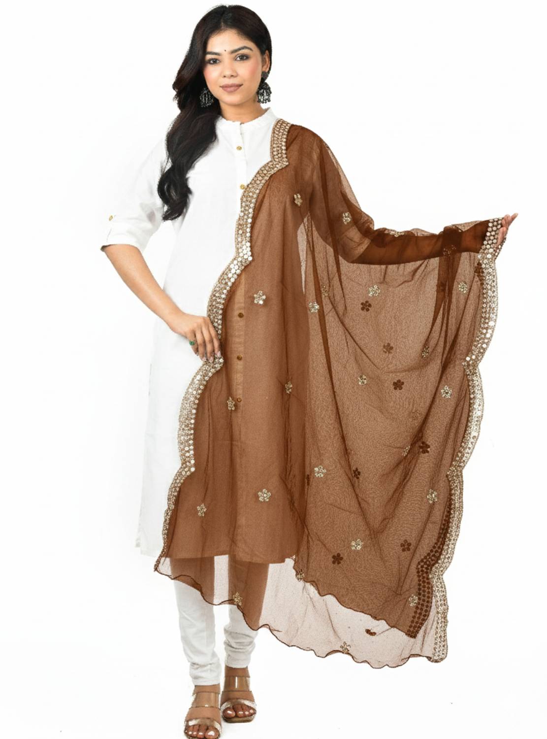 YOUTHQUAKE Net Embellished Brown Women Dupatta