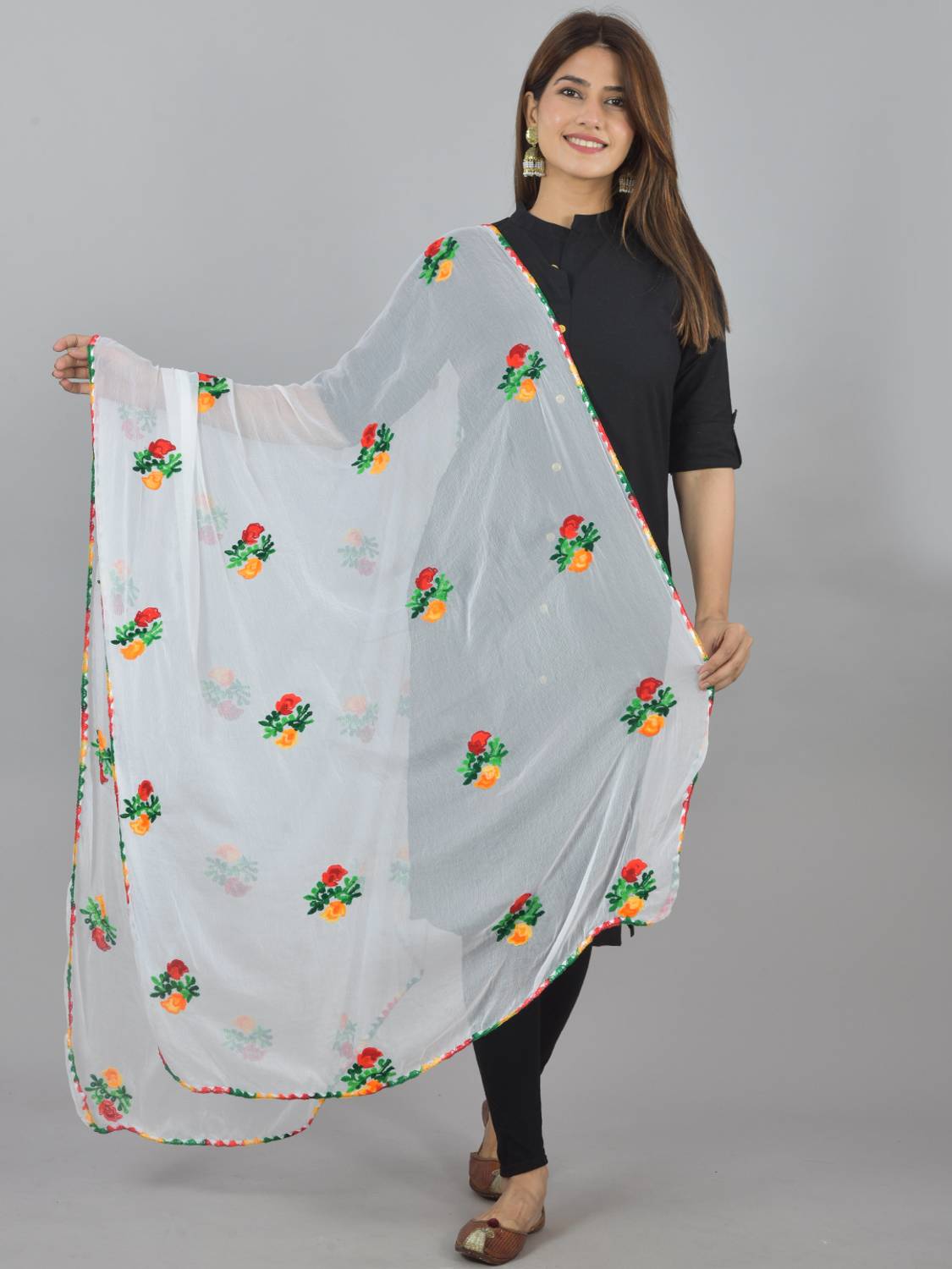 LA FEMINAE Chiffon Embroidered White Women Dupatta