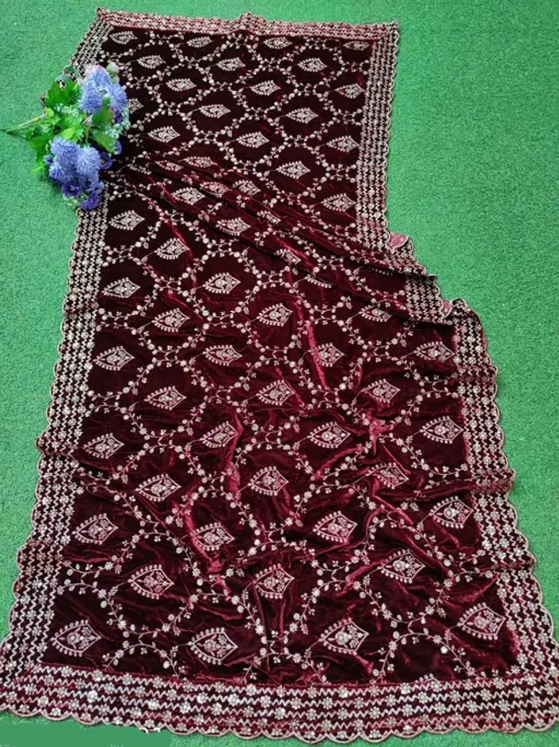 RamKrupa Creation Velvet Embroidered Maroon Women Dupatta