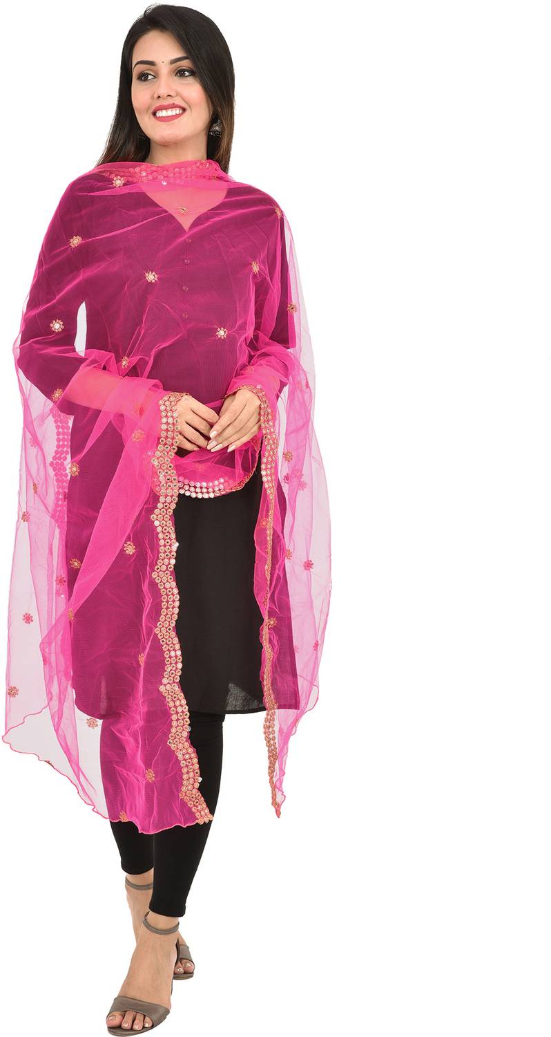 YOUTHQUAKE Net Embellished Pink Women Dupatta