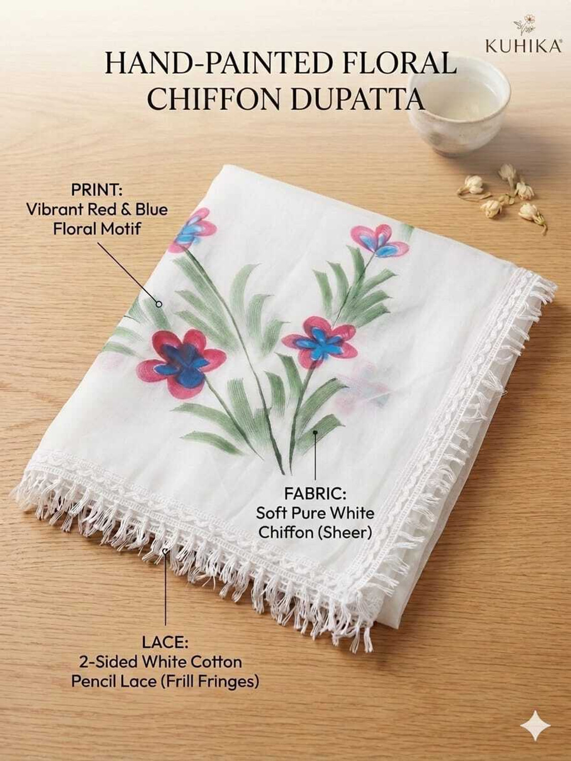 Image of Kuhika Chiffon Printed White Women Dupatta